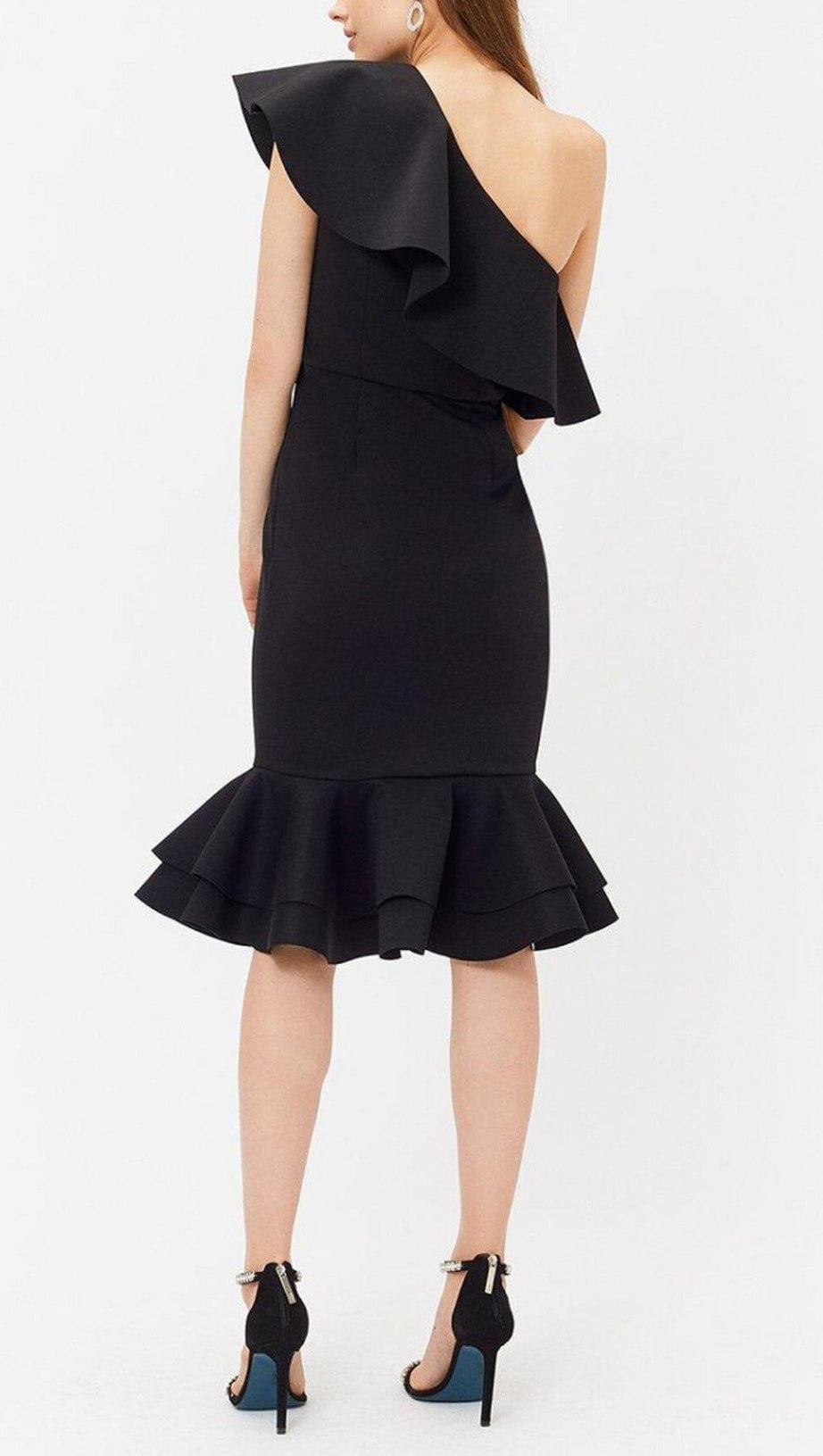 CROSS-SHOULDER RUFFLED FISHTAIL DRESS IN BLACK