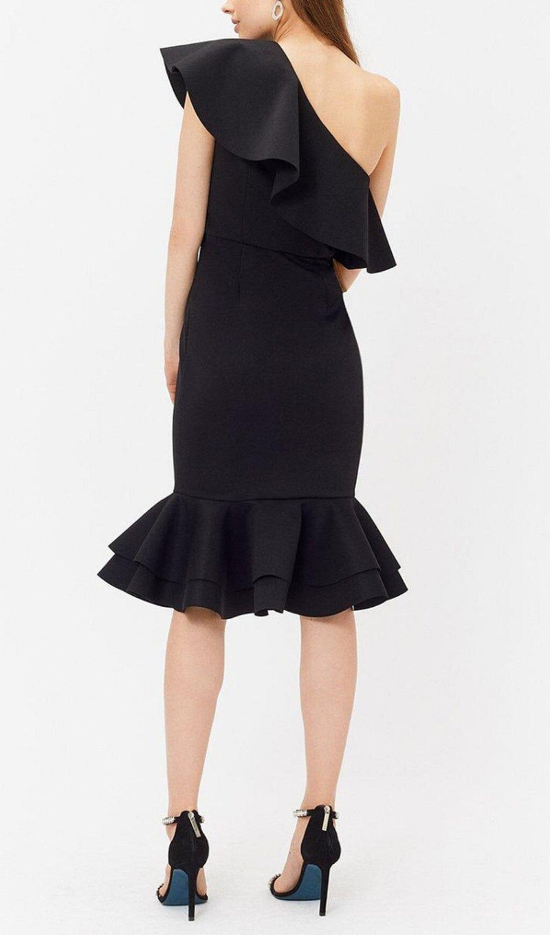 CROSS-SHOULDER RUFFLED FISHTAIL DRESS IN BLACK