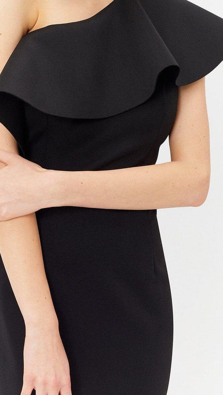 CROSS-SHOULDER RUFFLED FISHTAIL DRESS IN BLACK