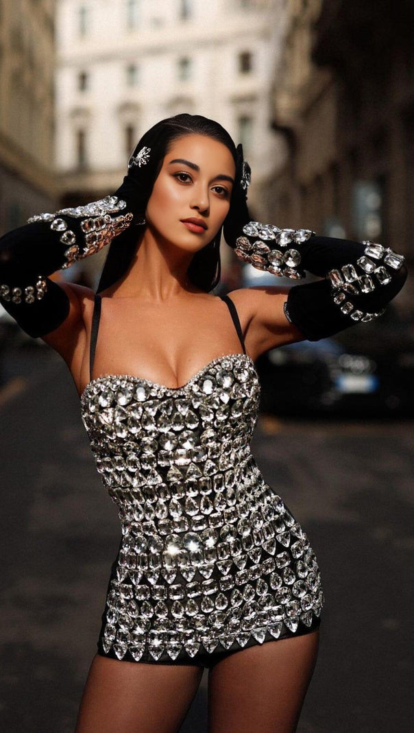 AIIZIE CRYSTAL BANDEAU MINI DRESS IN BLACK - product image