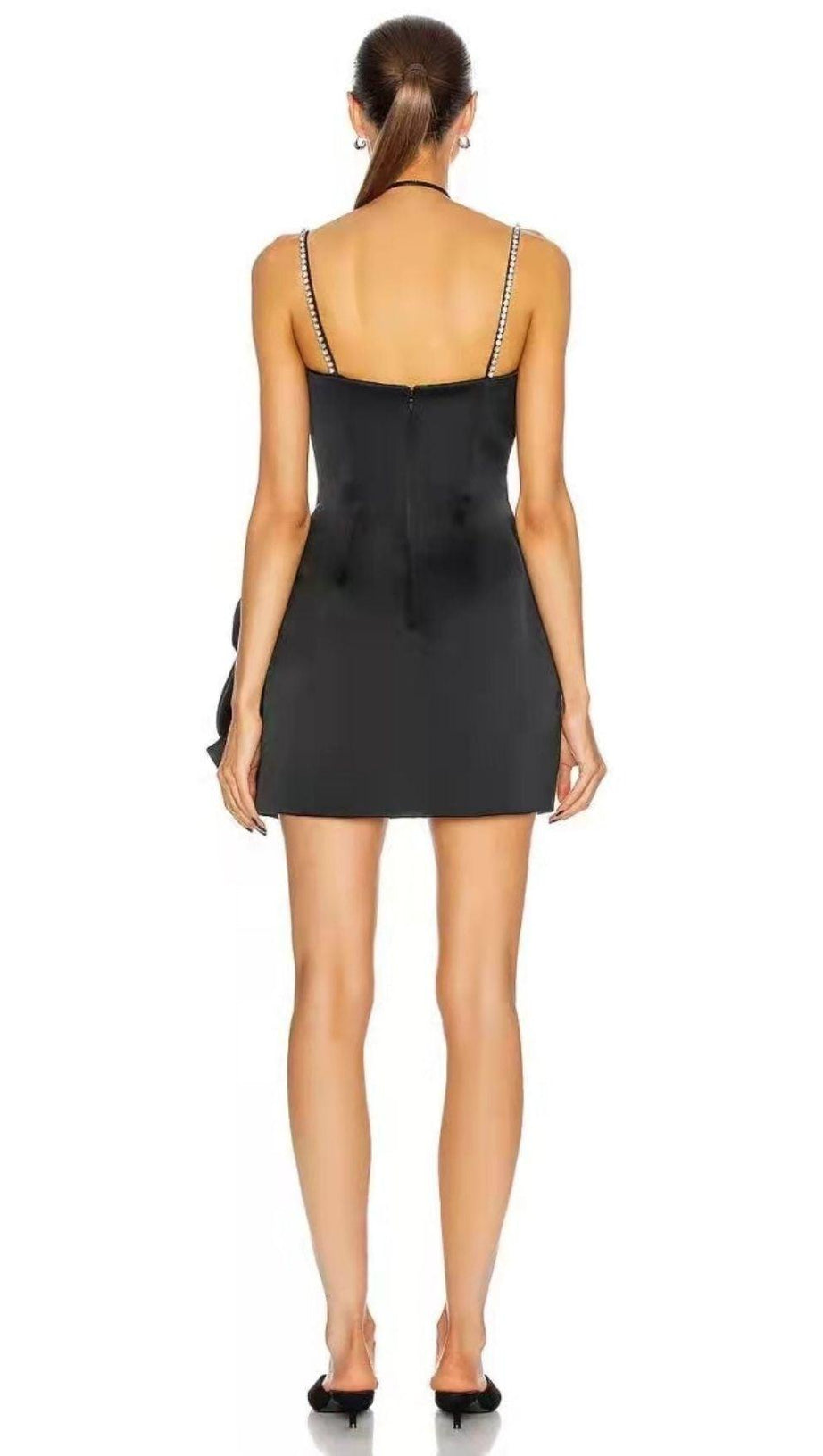 CRYSTAL BOW MINI DRESS IN BLACK