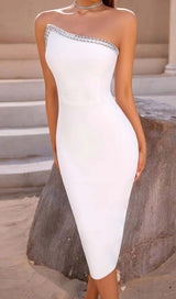 CRYSTAL COLD SHOULDER MIDI DRESS IN WHITE