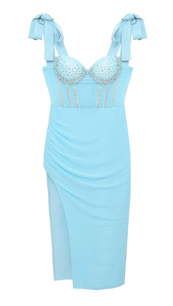 AIIZIE CRYSTAL CORSET MIDI DRESS IN SKY BLUE - product image