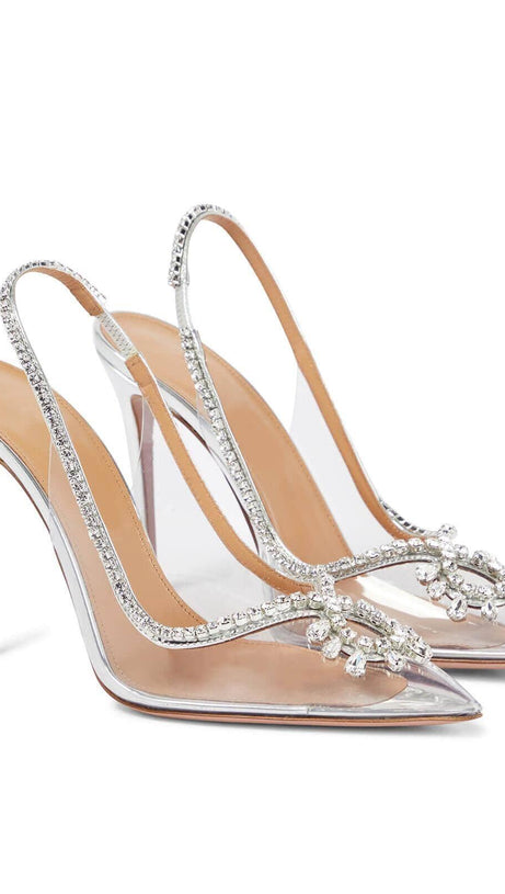 CRYSTAL CUTOUT EMBELLISHED PUMPS IN SILVER