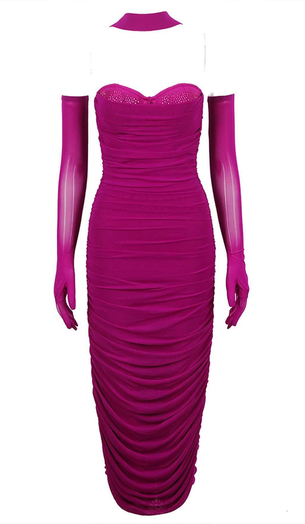 CRYSTAL HALTER NECK MIDI DRESS IN GRAPE