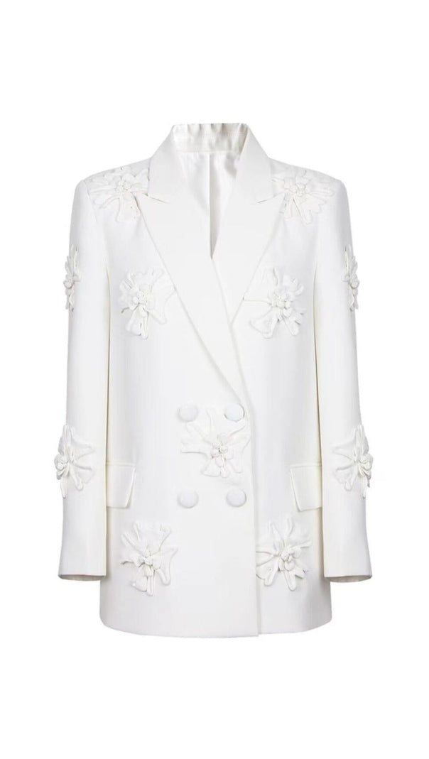 AIIZIE DOUBLE-BREASTED THREE DIMENSIONAL FLORAL SUIT JACKET IN WHITE - product image