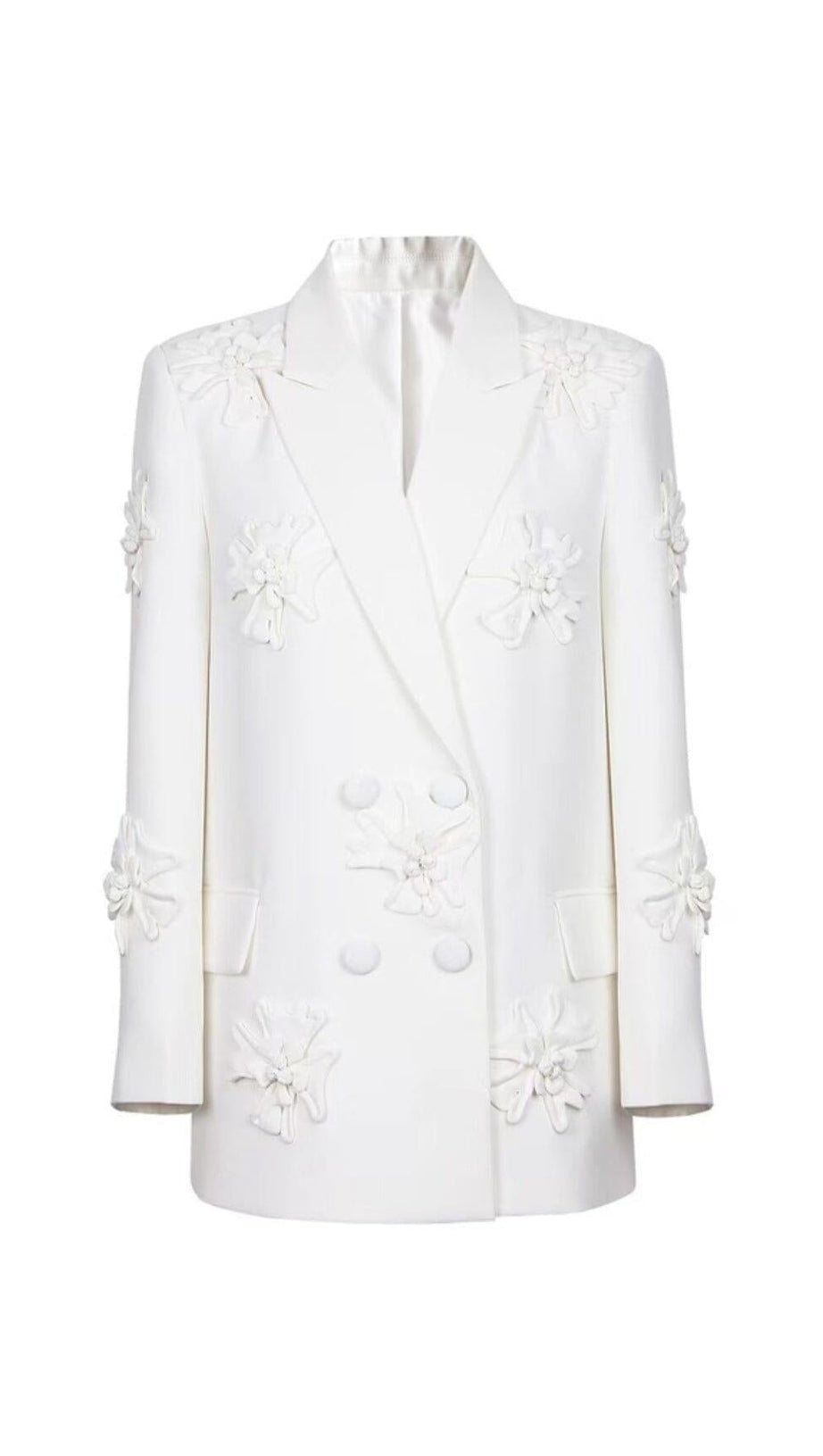 DOUBLE-BREASTED THREE DIMENSIONAL FLORAL SUIT JACKET IN WHITE