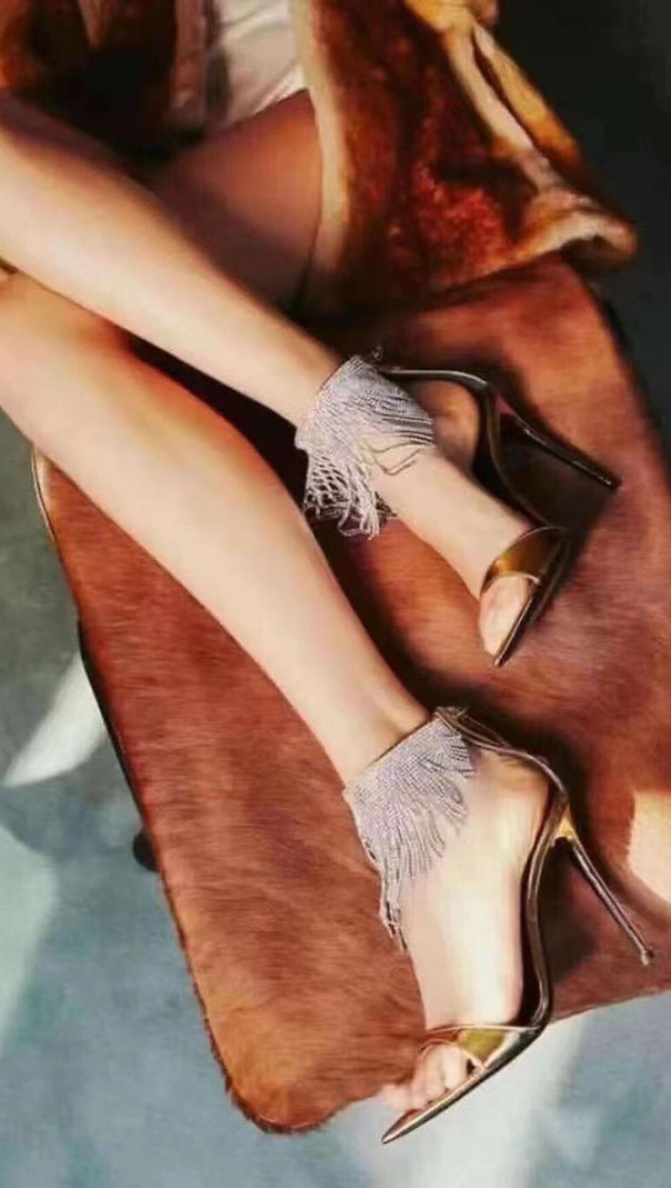 AIIZIE CRYSTAL TASSEL HEELS IN GOLD - product image
