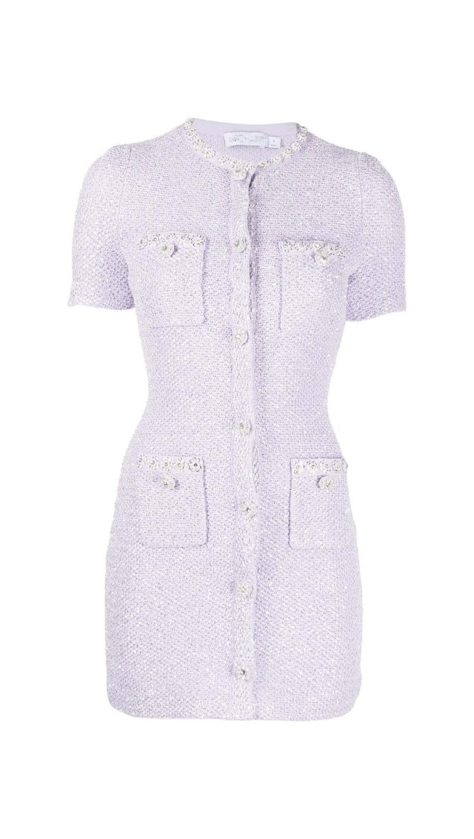 CRYSTAL-EMBELLISHED BUTTON MINI DRESS IN LILAC