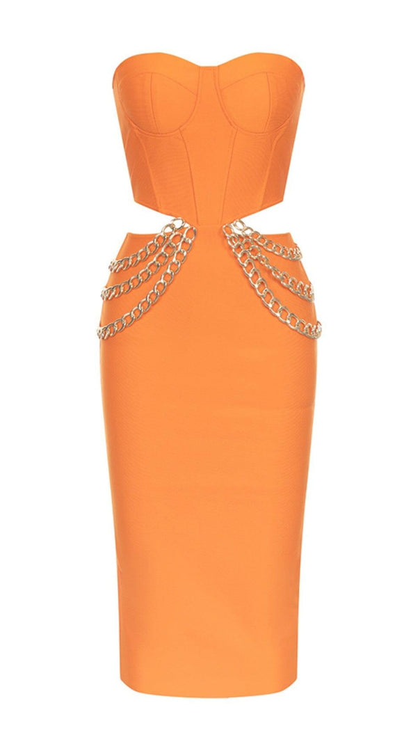 MIDIKLEID MIT AUSSCHNITT IN ORANGE 