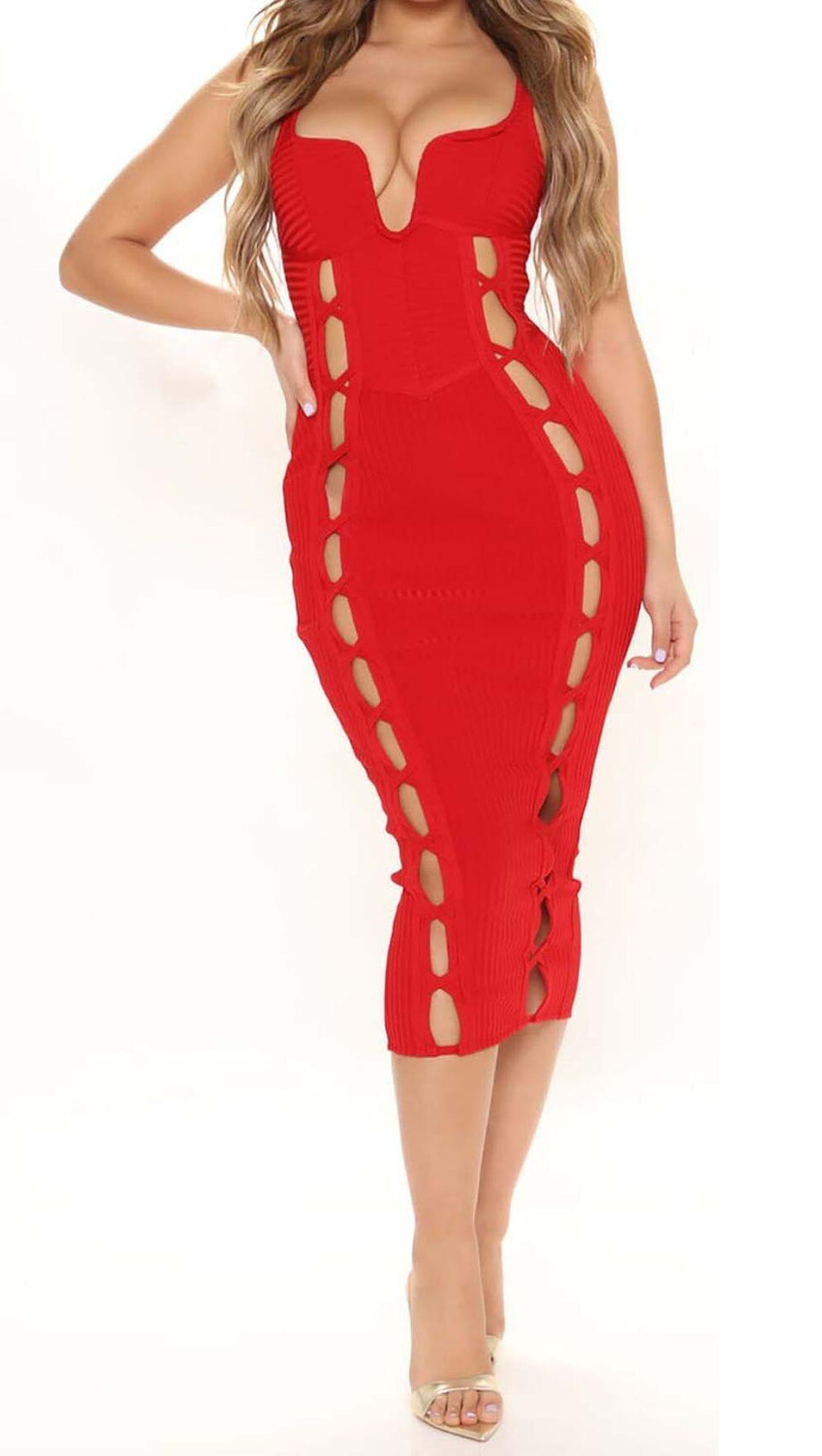 CUT OUT FAUX LACE UP MIDI DRESS