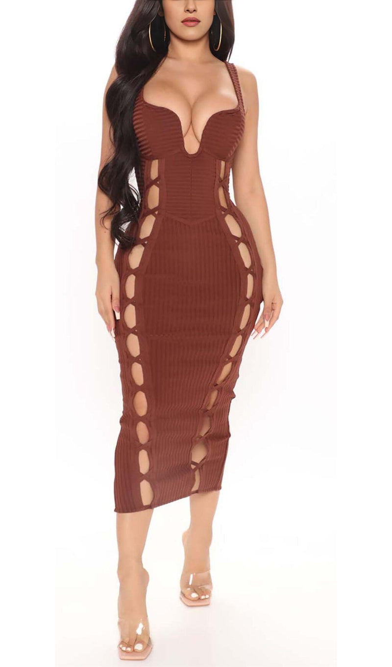 CUT OUT FAUX LACE UP MIDI DRESS