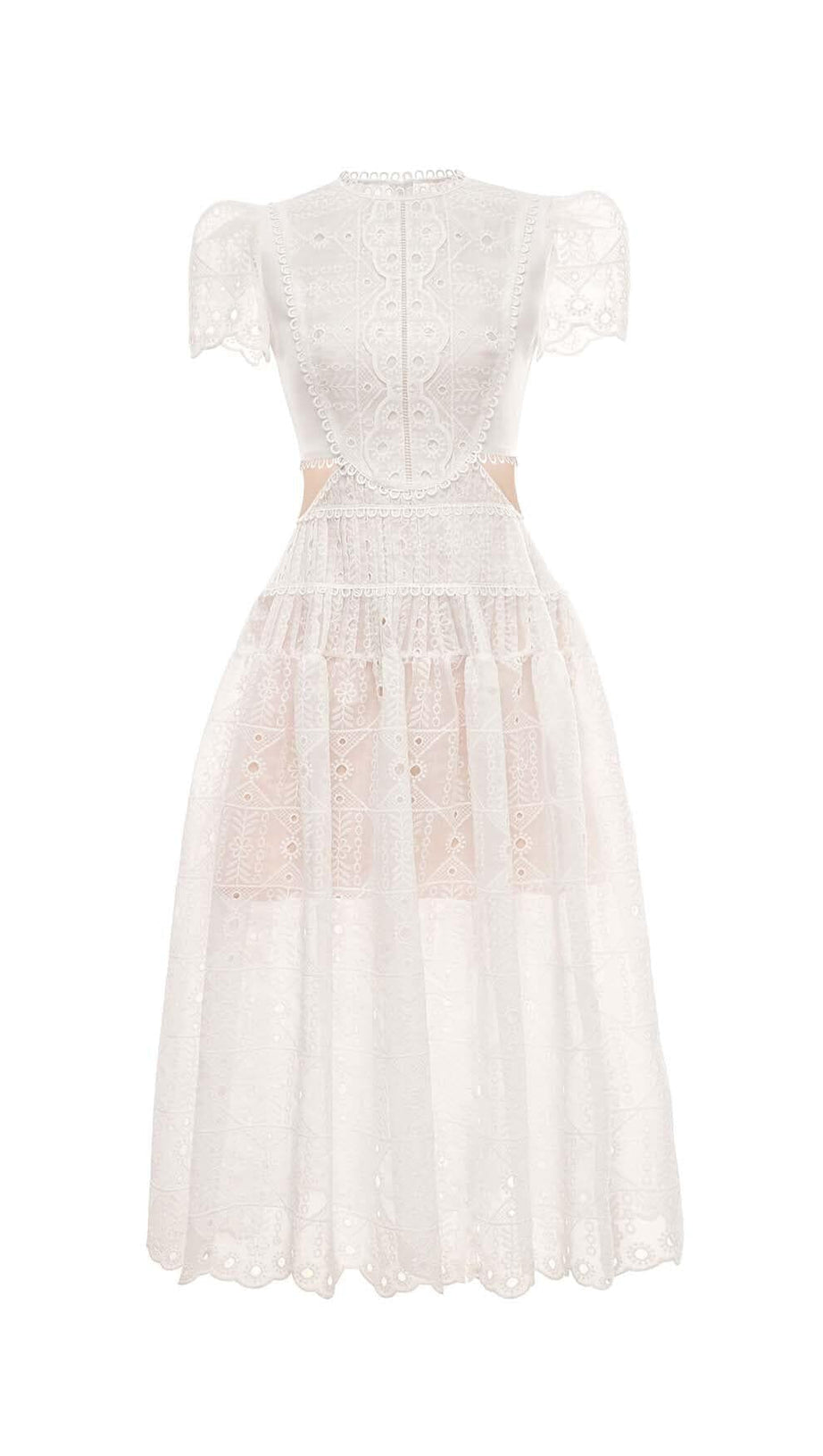 CUT OUT LACE DETAIL MIDI DRESS IN WHITE