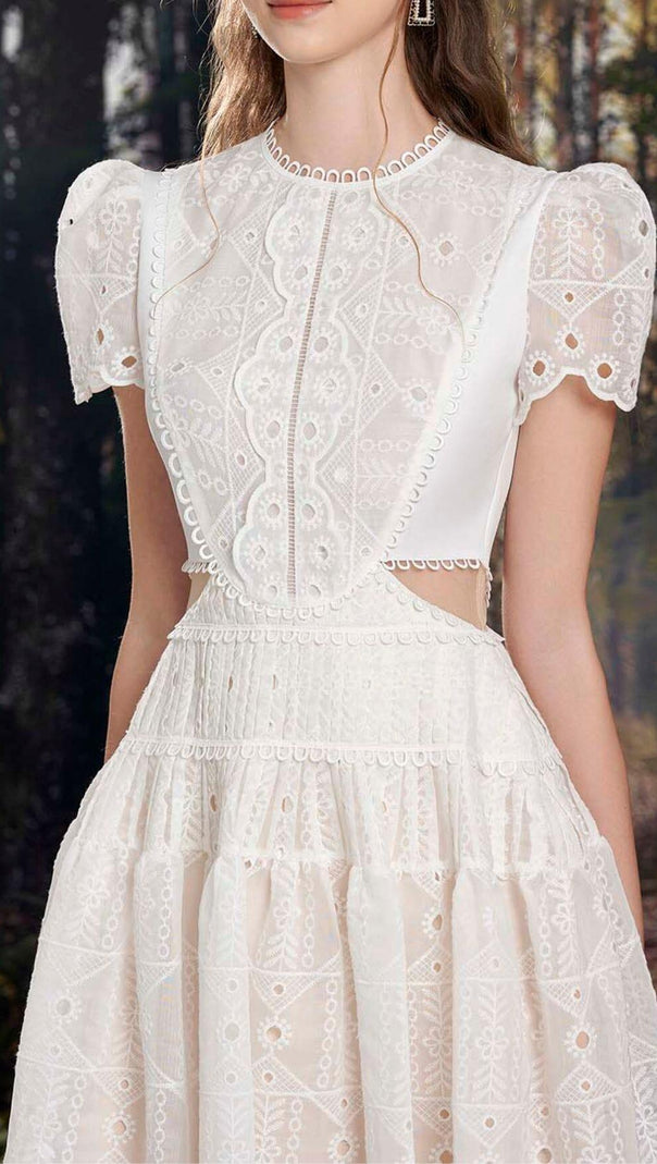 AIIZIE CUT OUT LACE DETAIL MIDI DRESS IN WHITE - product image