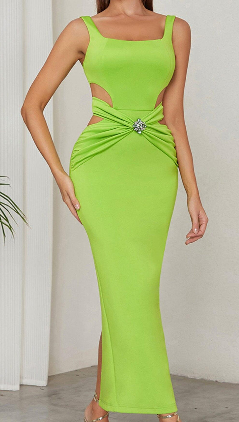 CUT OUT SPLIT MIDI DRESS IN LIME