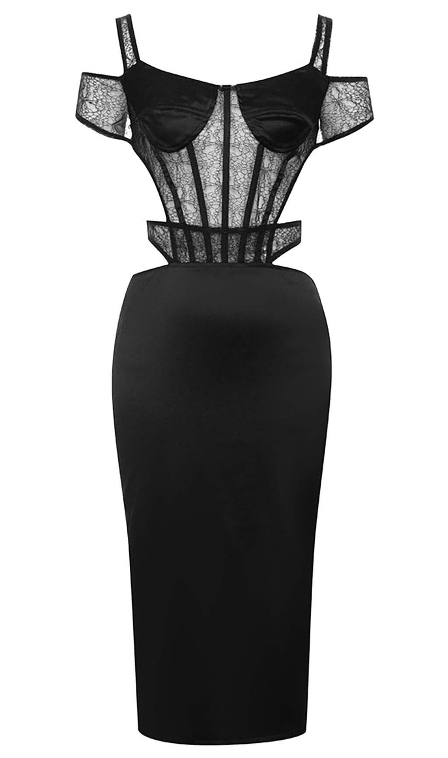 CUTOUT CORSET LACE MIDI DRESS IN BLACK