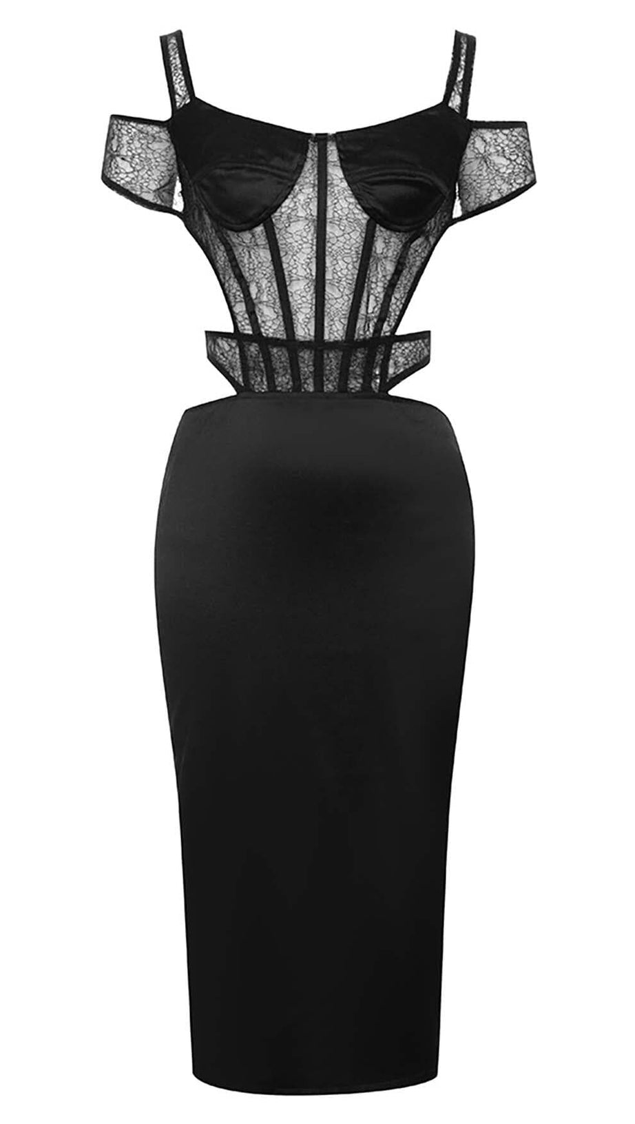 CUTOUT CORSET LACE MIDI DRESS IN BLACK