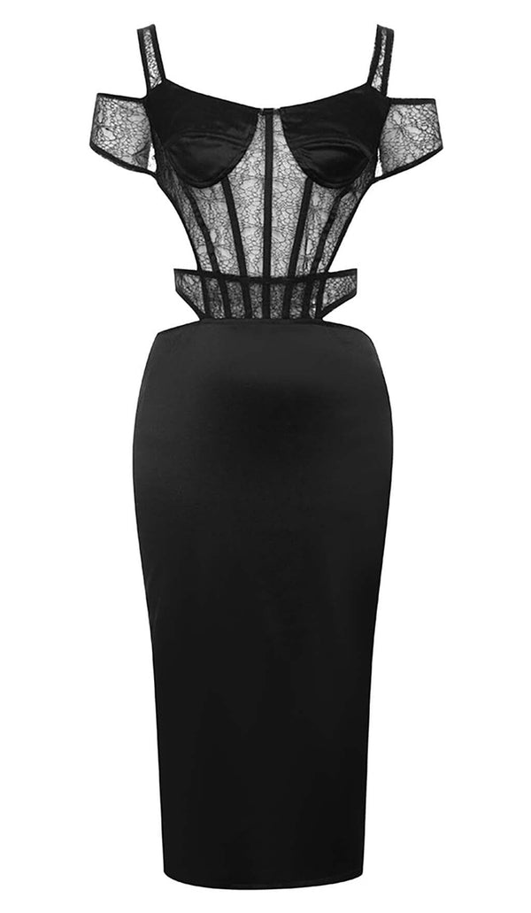 CUTOUT CORSET LACE MIDI DRESS IN BLACK