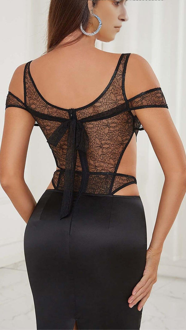 AIIZIE CUTOUT CORSET LACE MIDI DRESS IN BLACK - product image