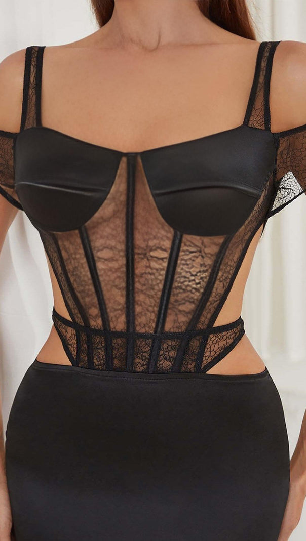 AIIZIE CUTOUT CORSET LACE MIDI DRESS IN BLACK - product image