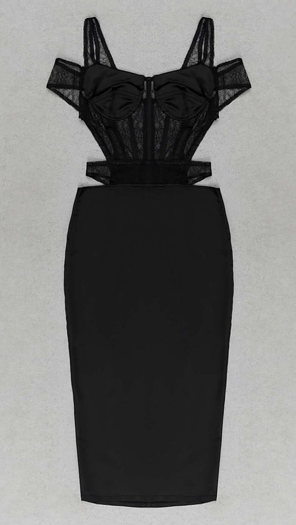 AIIZIE CUTOUT CORSET LACE MIDI DRESS IN BLACK - product image