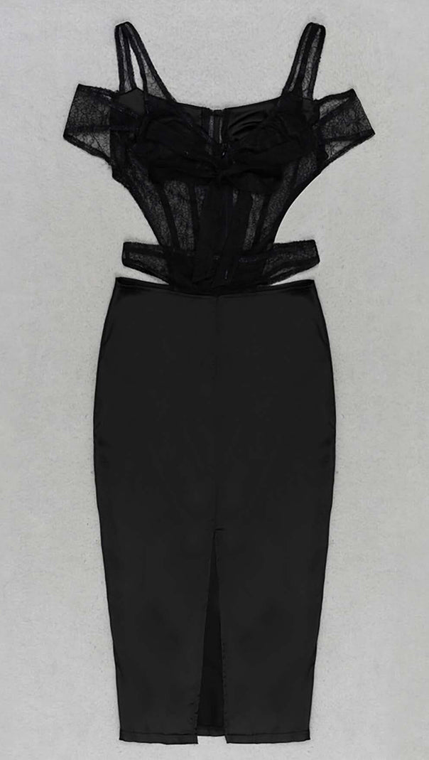 AIIZIE CUTOUT CORSET LACE MIDI DRESS IN BLACK - product image