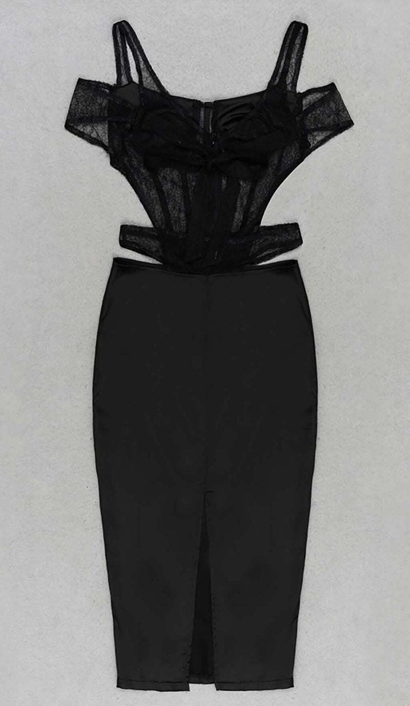 CUTOUT CORSET LACE MIDI DRESS IN BLACK