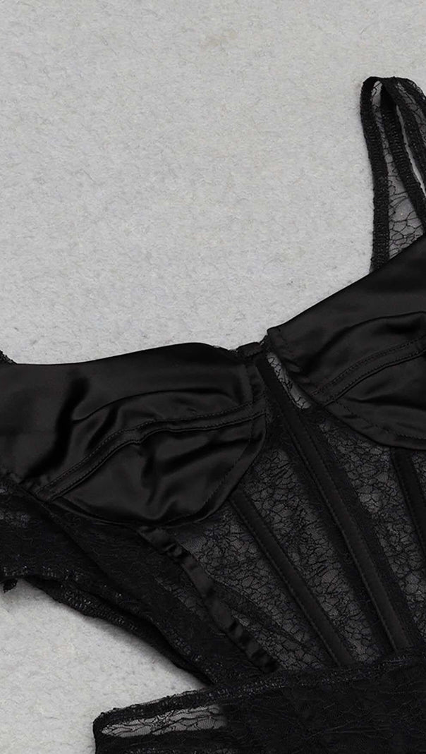 Cutout Corset Lace Midi Dress in Black