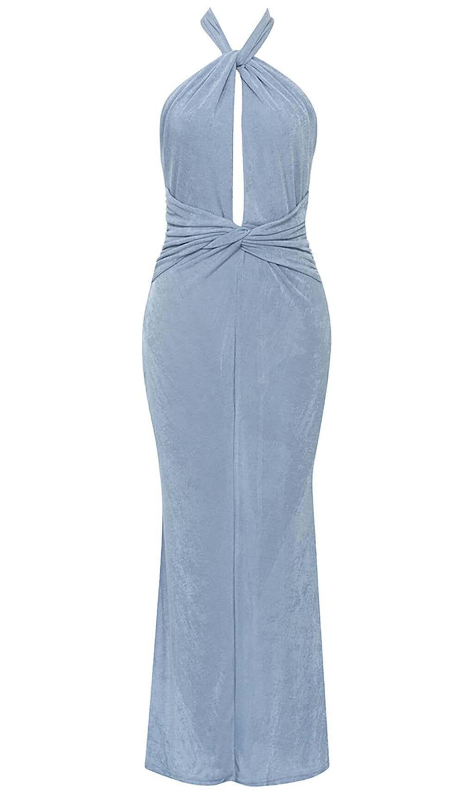 CUTOUT HALTER MIDI DRESS IN MISTY SKY