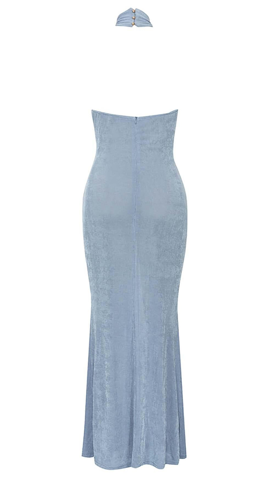 CUTOUT HALTER MIDI DRESS IN MISTY SKY