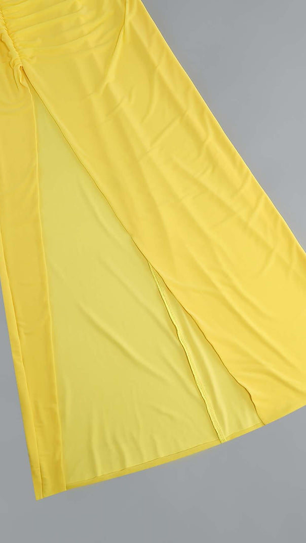ABITO MIDI MONOSPALLA CON TAGLIO COLOR LIMONE