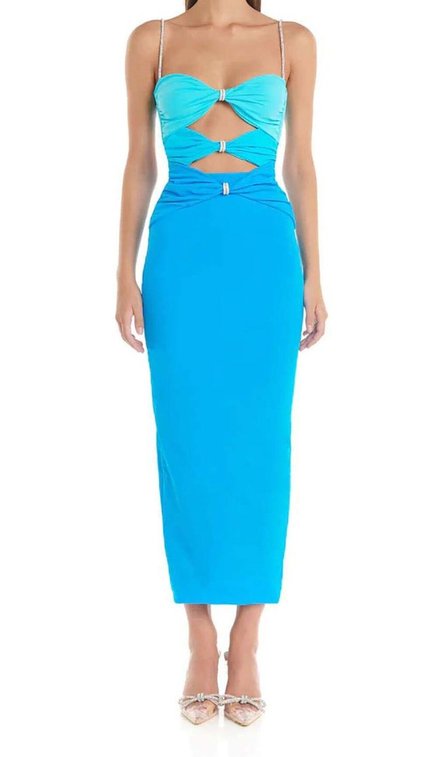 ABITO MIDI CON STRASS E TAGLI IN BLU