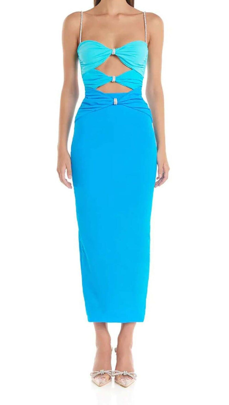 CUTOUT RHINESTONE MIDI DRESS IN BLUE
