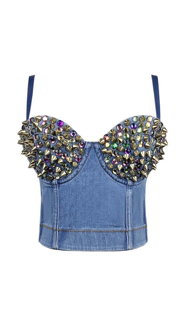 AIIZIE DENIM CRYSTAL CROPPED TOP IN BLUE - product image