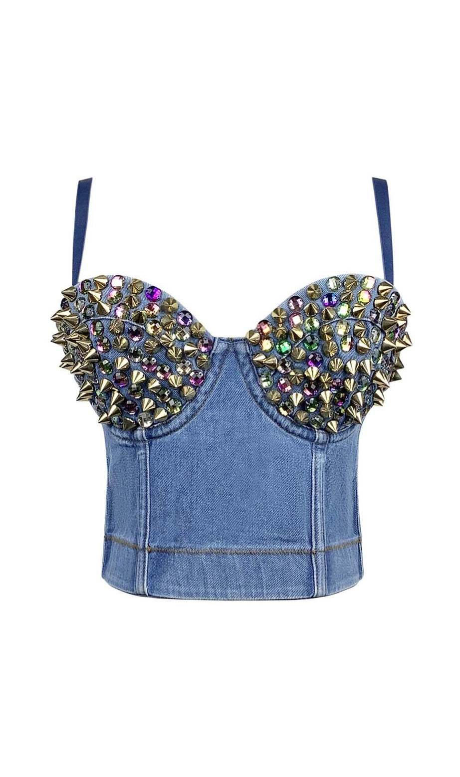 Kurzes Denim-Top mit Kristallen in Blau
