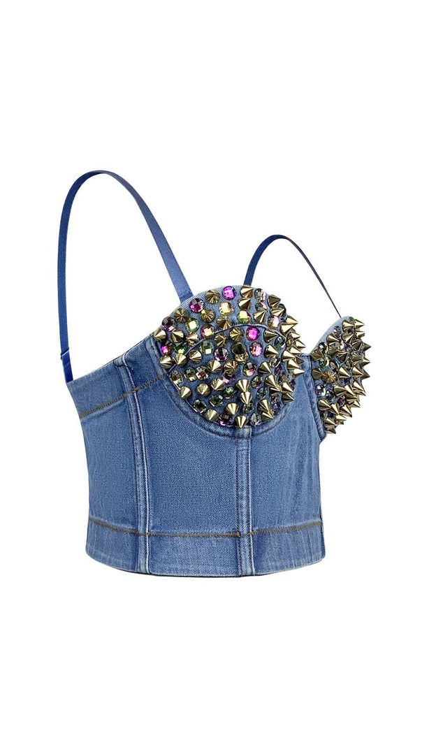 AIIZIE DENIM CRYSTAL CROPPED TOP IN BLUE - product image