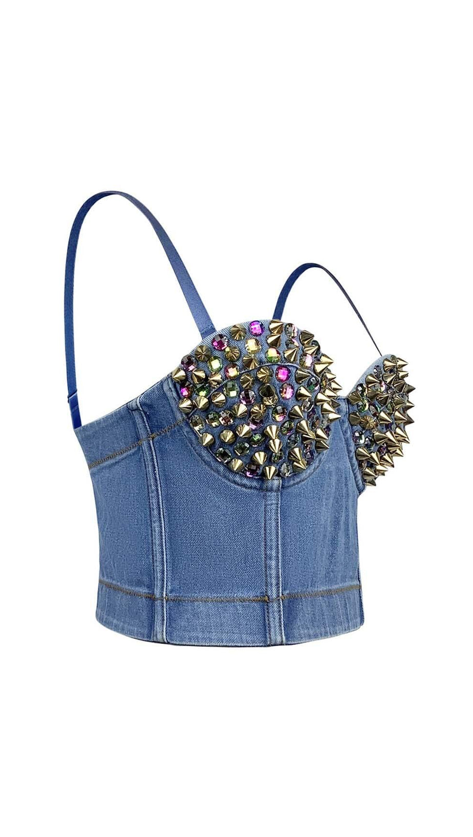 DENIM CRYSTAL CROPPED TOP IN BLUE