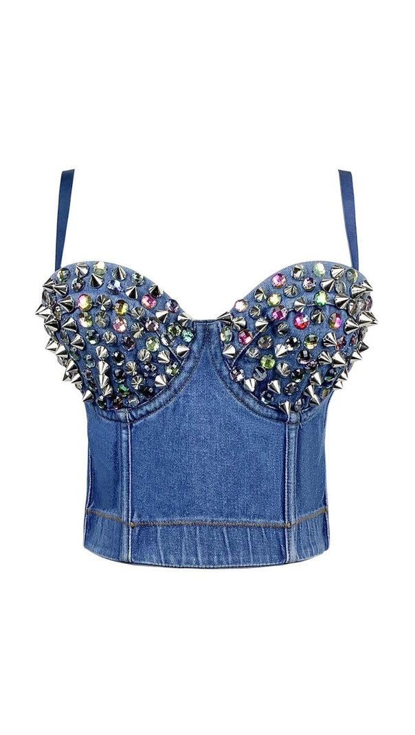 AIIZIE DENIM CRYSTAL CROPPED TOP IN BLUE - product image