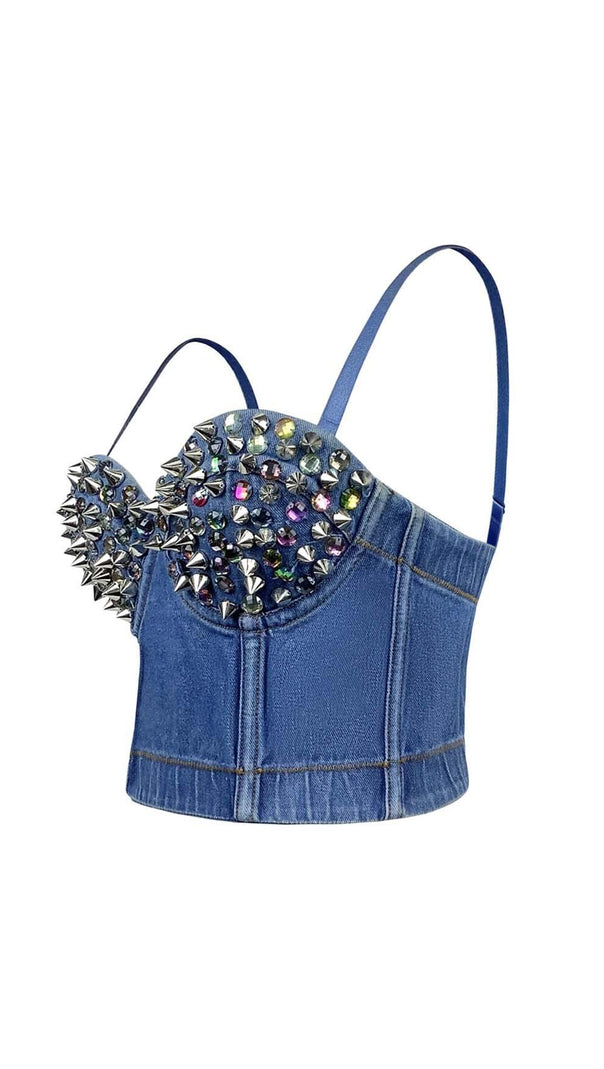 AIIZIE DENIM CRYSTAL CROPPED TOP IN BLUE - product image