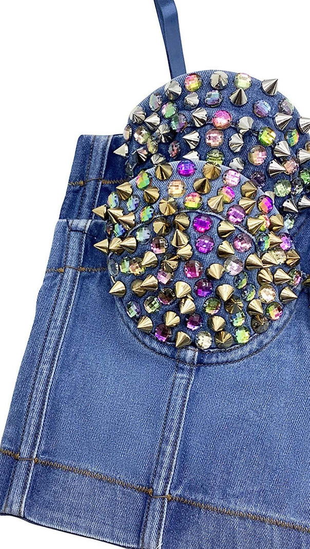 AIIZIE DENIM CRYSTAL CROPPED TOP IN BLUE - product image