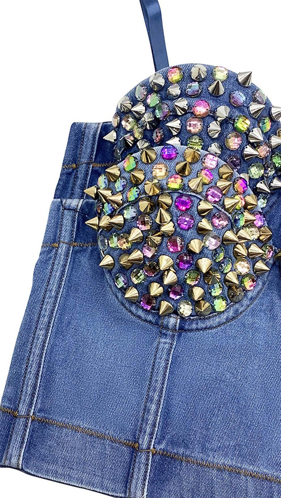 DENIM CRYSTAL CROPPED TOP IN BLUE