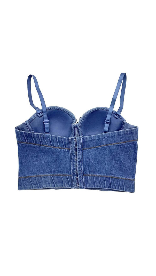 AIIZIE DENIM CRYSTAL CROPPED TOP IN BLUE - product image