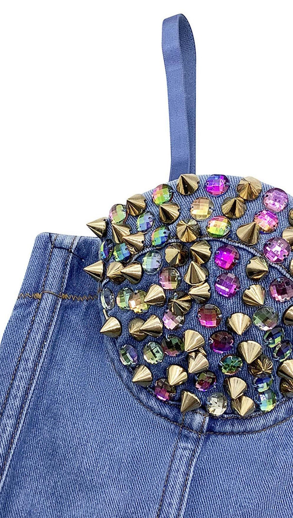 AIIZIE DENIM CRYSTAL CROPPED TOP IN BLUE - product image