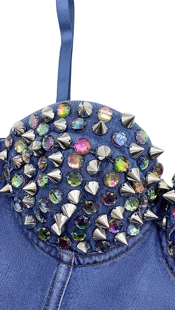 AIIZIE DENIM CRYSTAL CROPPED TOP IN BLUE - product image