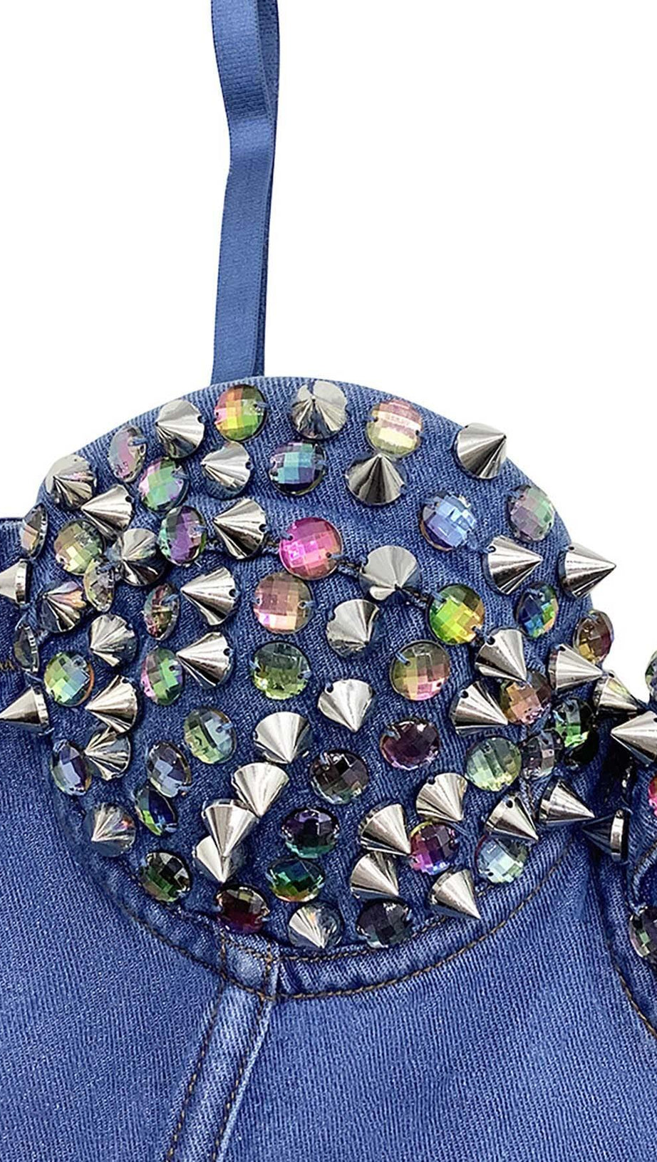 DENIM CRYSTAL CROPPED TOP IN BLUE