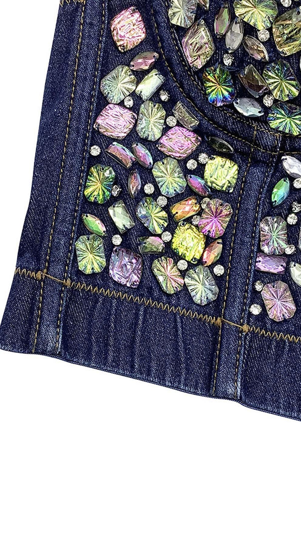 AIIZIE DENIM CRYSTAL CROPPED TOP IN BLUE - product image