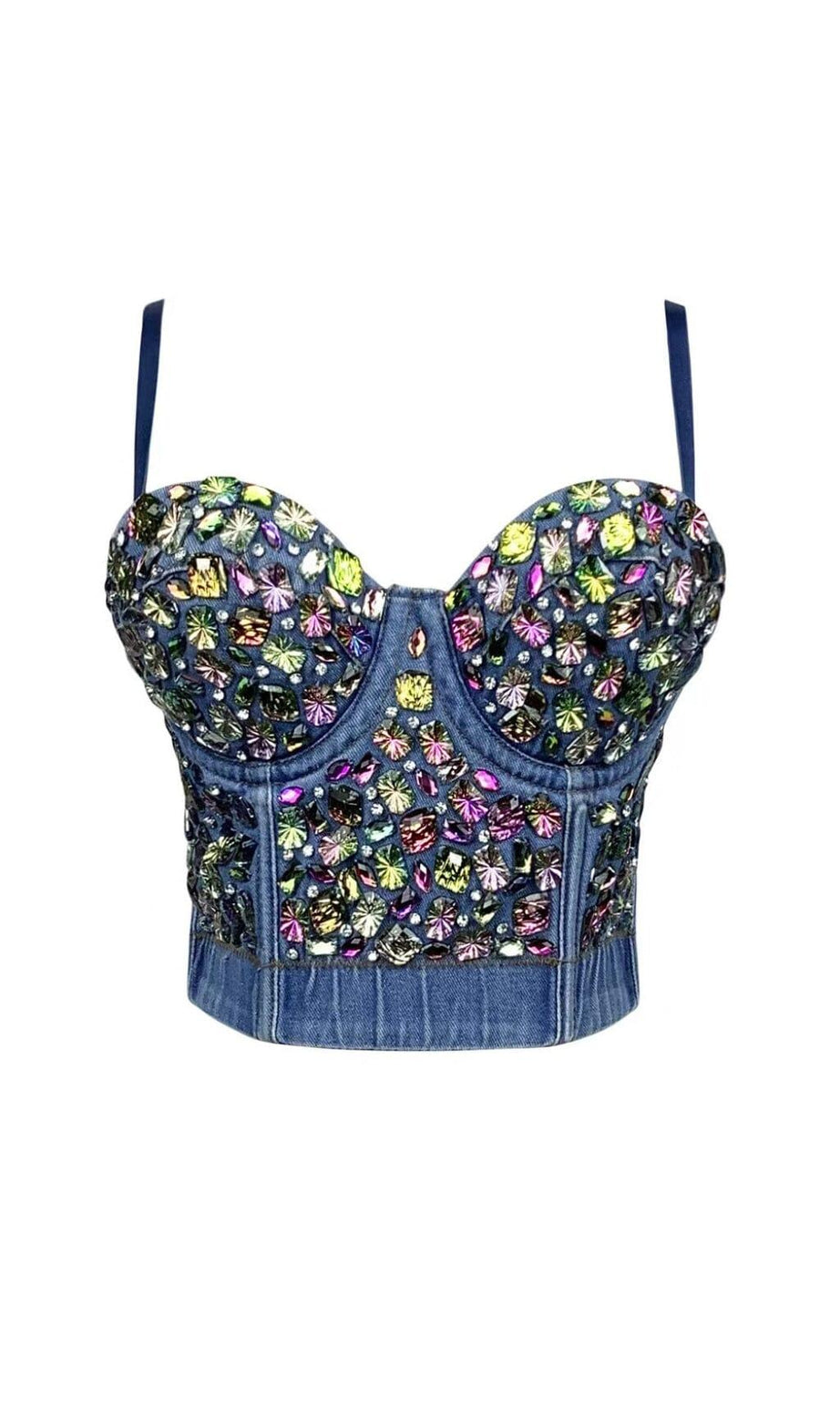 DENIM CRYSTAL EMBELLISHED CROPPED TOP IN NAVY BLUE