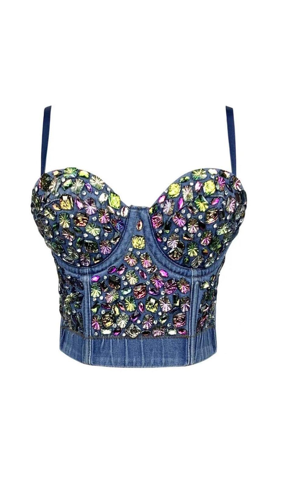DENIM CRYSTAL EMBELLISHED CROPPED TOP IN NAVY BLUE