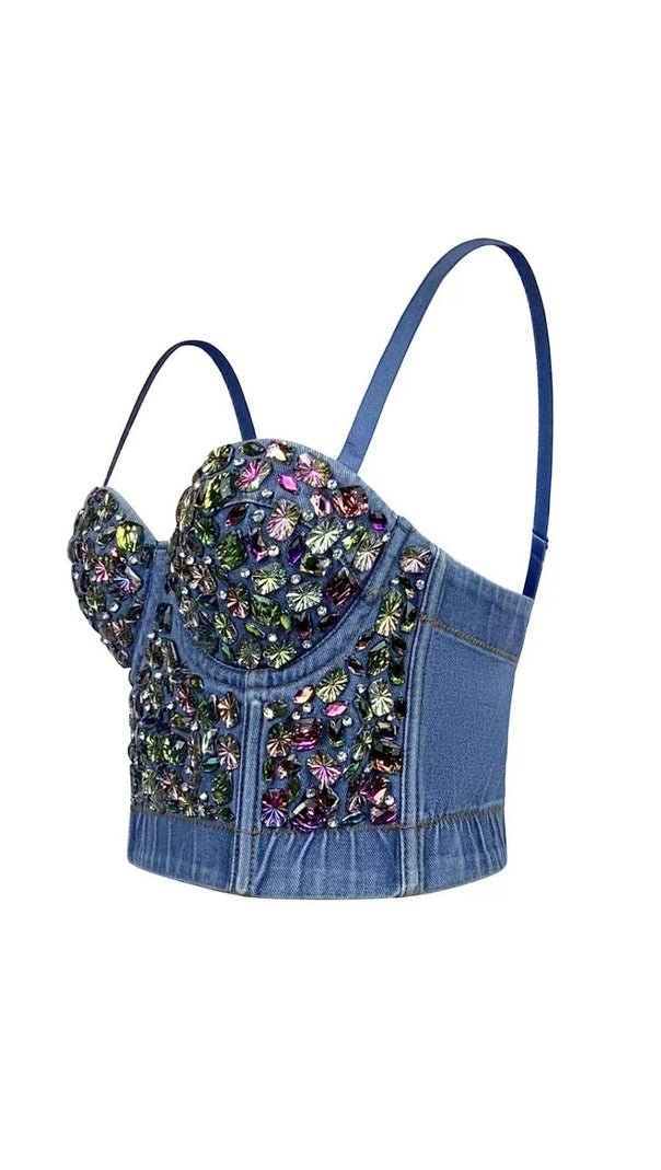 AIIZIE DENIM CRYSTAL EMBELLISHED CROPPED TOP IN NAVY BLUE - product image