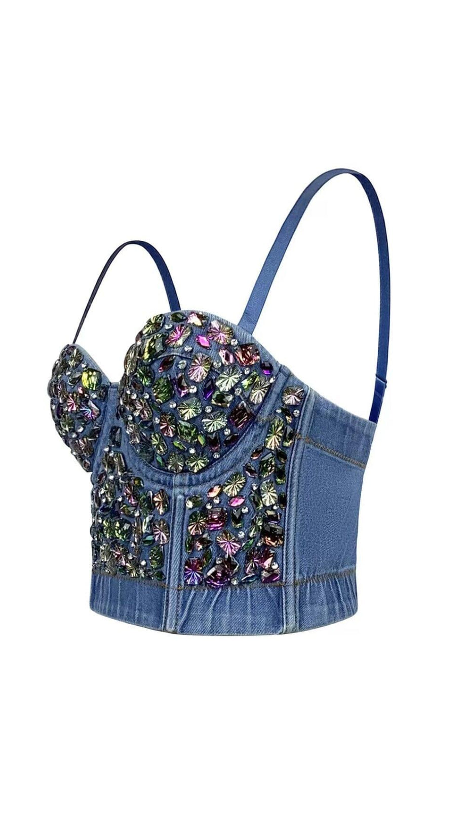 DENIM CRYSTAL EMBELLISHED CROPPED TOP IN NAVY BLUE